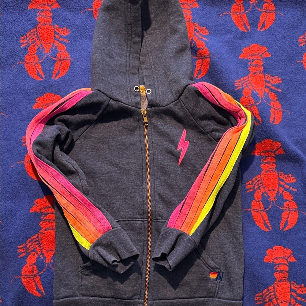Aviator Nation blue heather Hoodie with Pink, Orange, & Yellow Stripes